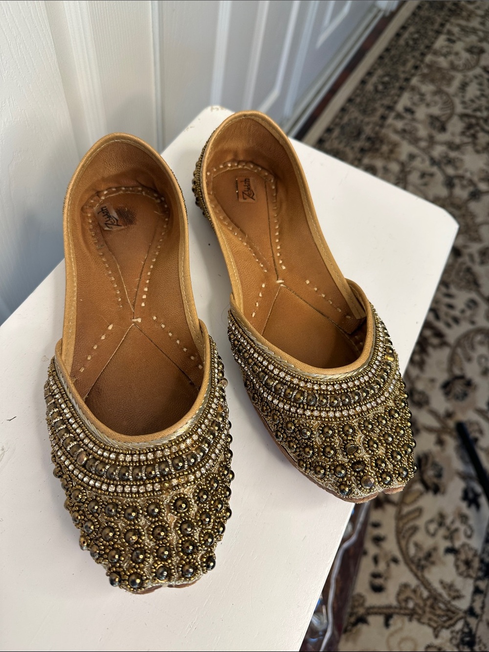 Beaded Gold Women's Flat Slip-On Loafers Genuine Leather
